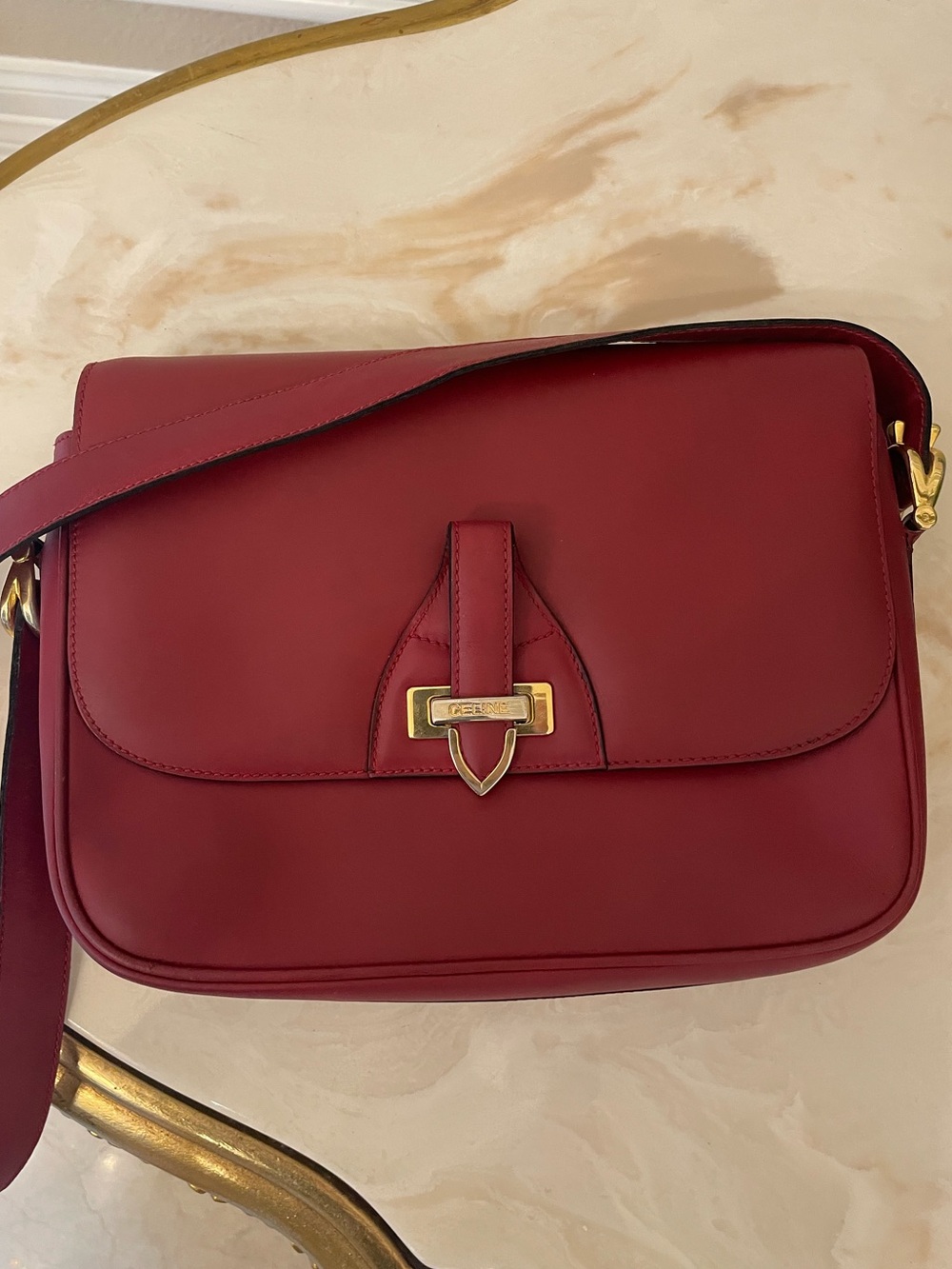 Celine red leather shoulder bag gold hardware vintage